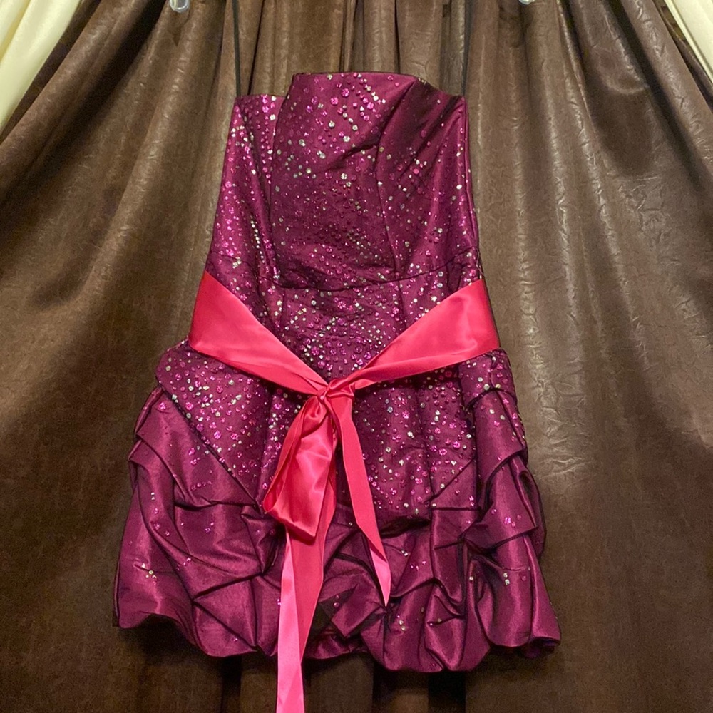 Short glittery formal purple, pink and silver size s(ch) but looks more petite.